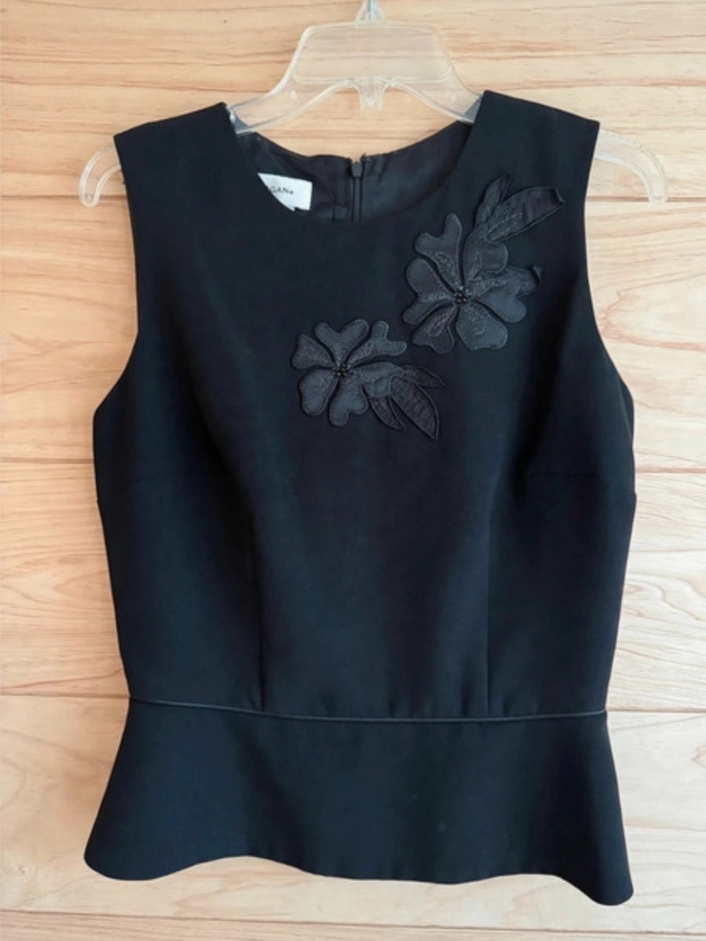 Women's Black Sleeveless Peplum Dress with Floral Applique